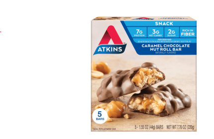 Atkins Caramel Chocolate Nut Roll Snack Bar, Protein Snack, High in Fiber, Low Sugar, 5 Count