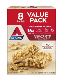 Atkins Peanut Butter Granola Protein Meal Bar, 16g of Protein, Meal Replacement, 8 Count (Value Pack)