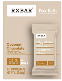 RXBAR, Gluten-Free Coconut Chocolate Chewy Protein Bars, Gluten-Free, Ready-to-Eat, 12g Protein, 9.1 oz, 5 Count