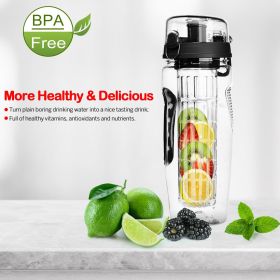 32OZ Fruit Infuser Water Bottle Juice Shaker Sport Bottke with Flip Top Lid Anti-Slip Grips for Sport Running Walking Hiking Office Yoga Gym (Color: Black)