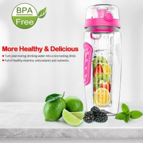 32OZ Fruit Infuser Water Bottle Juice Shaker Sport Bottke with Flip Top Lid Anti-Slip Grips for Sport Running Walking Hiking Office Yoga Gym (Color: Pink)